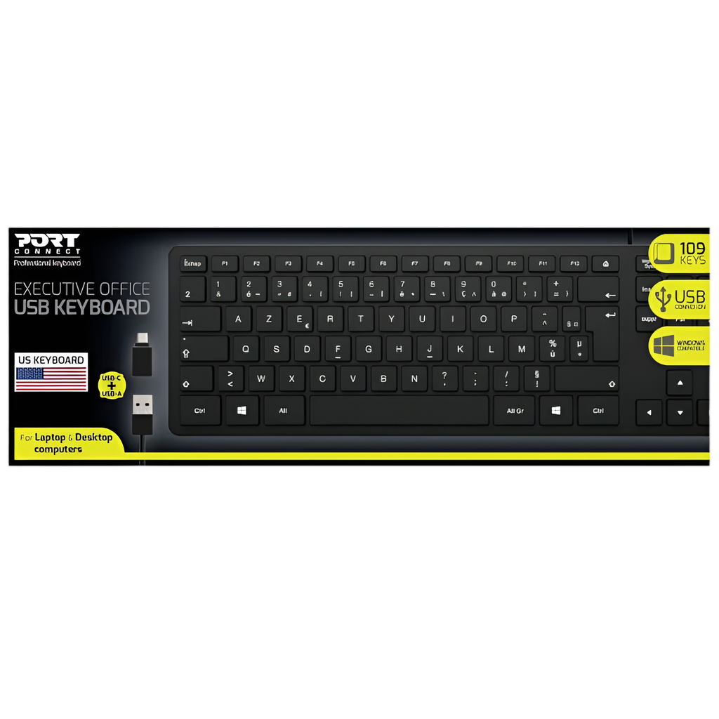 Port Office Executive Low Profile 109key Wired Keyboard - Black