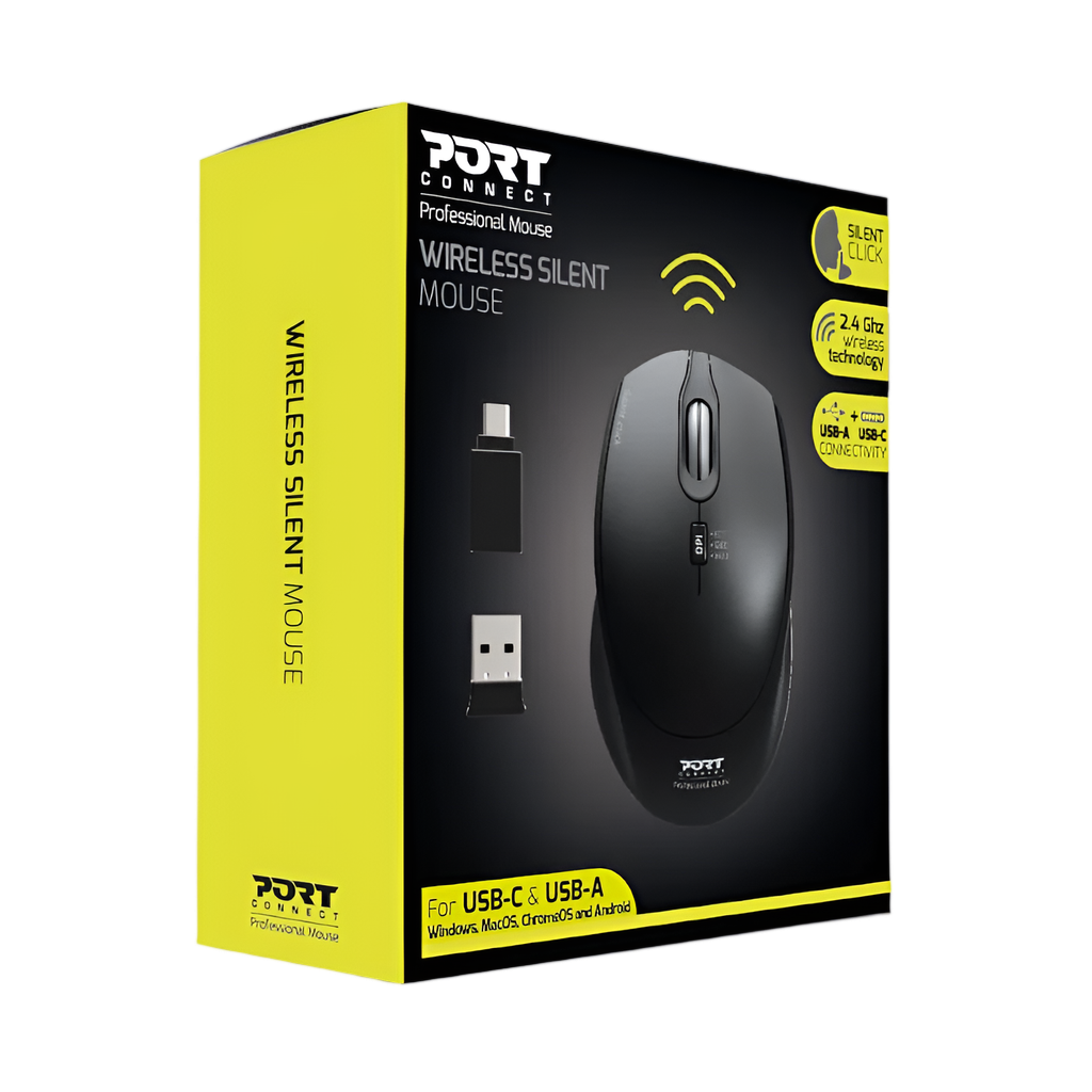 Port Wireless Silent 3600DPI 3 Button USB and Type-C Dongle Mouse - Black