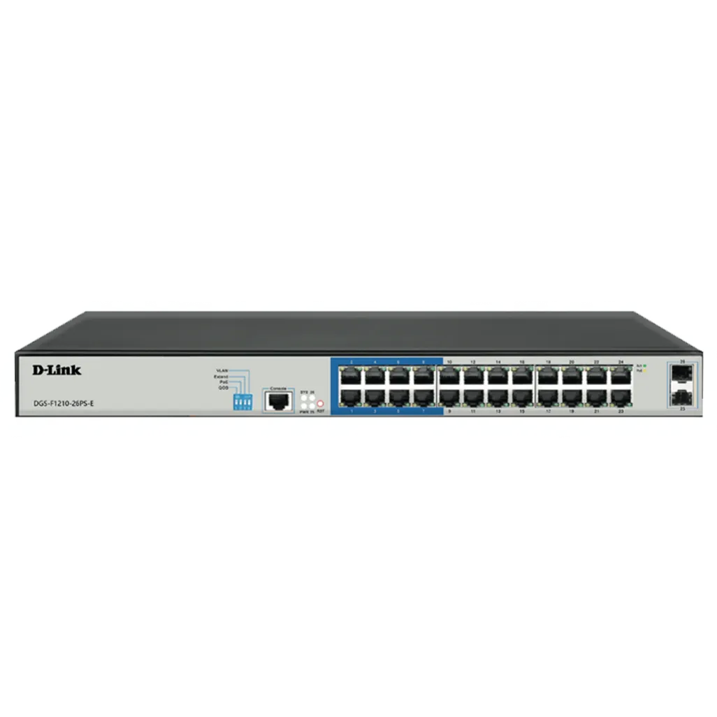 D-Link DGS-F1210-26PS-E 24-Port Layer 2 Gigabit Managed Long Range PoE+ Surveillance Switch